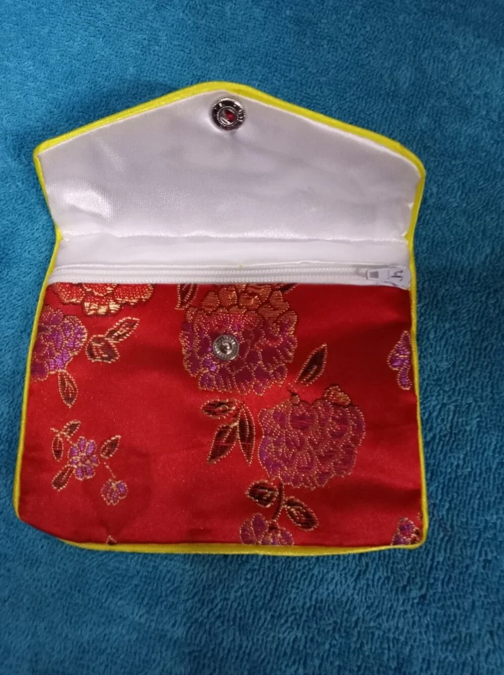Red Floral Satin Envelope Clutch with Yellow Trim - Zipper